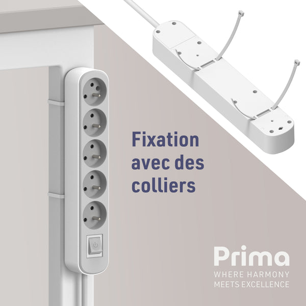 Bloc Multiprise Prima 5 Prises 16A avec Interrupteur, Longueur 1.5/3M Mètres, Noir/Gris ou Blanc/Gris