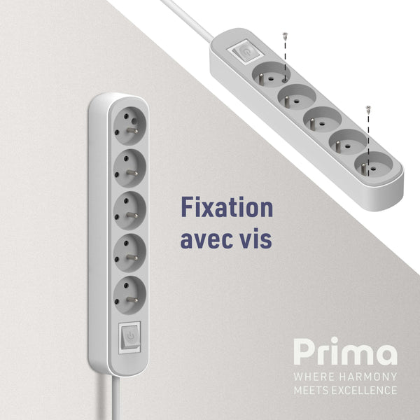 Bloc Multiprise Prima 5 Prises 16A avec Interrupteur, Longueur 1.5/3M Mètres, Noir/Gris ou Blanc/Gris