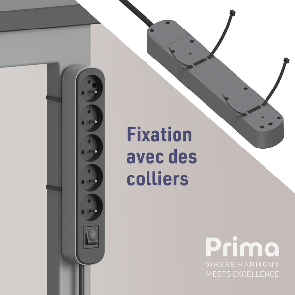 Bloc Multiprise Prima 5 Prises 16A avec Interrupteur, Longueur 1.5/3M Mètres, Noir/Gris ou Blanc/Gris