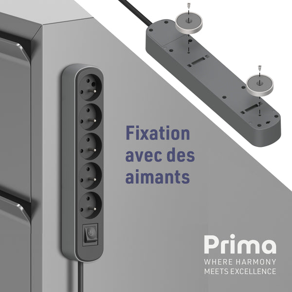 Bloc Multiprise Prima 5 Prises 16A avec Interrupteur, Longueur 1.5/3M Mètres, Noir/Gris ou Blanc/Gris