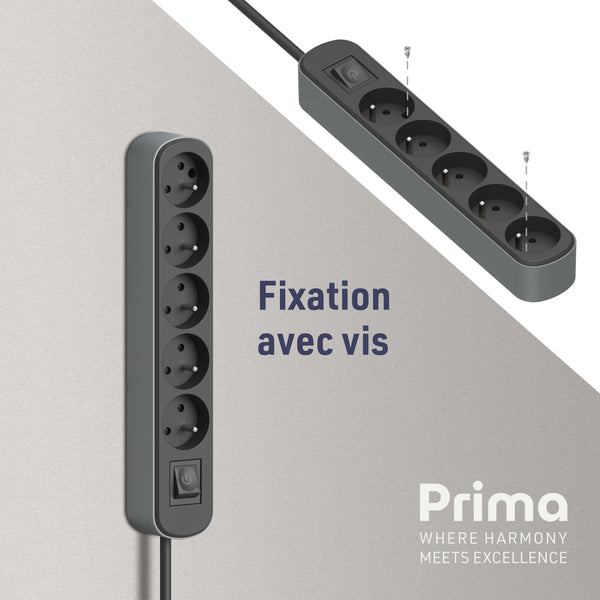 Bloc Multiprise Prima 5 Prises 16A avec Interrupteur, Longueur 1.5/3M Mètres, Noir/Gris ou Blanc/Gris