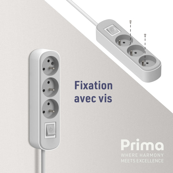 Bloc Multiprise Prima 3 Prises 16A avec Interrupteur, Longueur 1.5/3M Mètres, Noir/Gris ou Blanc/Gris