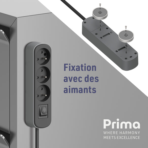 Bloc Multiprise Prima 3 Prises 16A avec Interrupteur, Longueur 1.5/3M Mètres, Noir/Gris ou Blanc/Gris