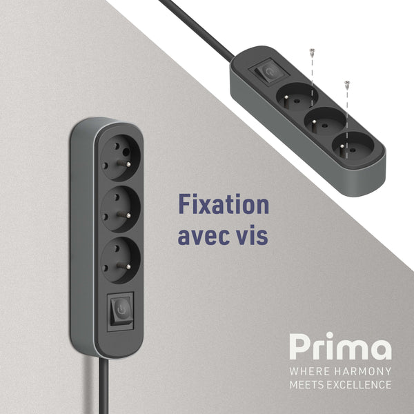 Bloc Multiprise Prima 3 Prises 16A avec Interrupteur, Longueur 1.5/3M Mètres, Noir/Gris ou Blanc/Gris