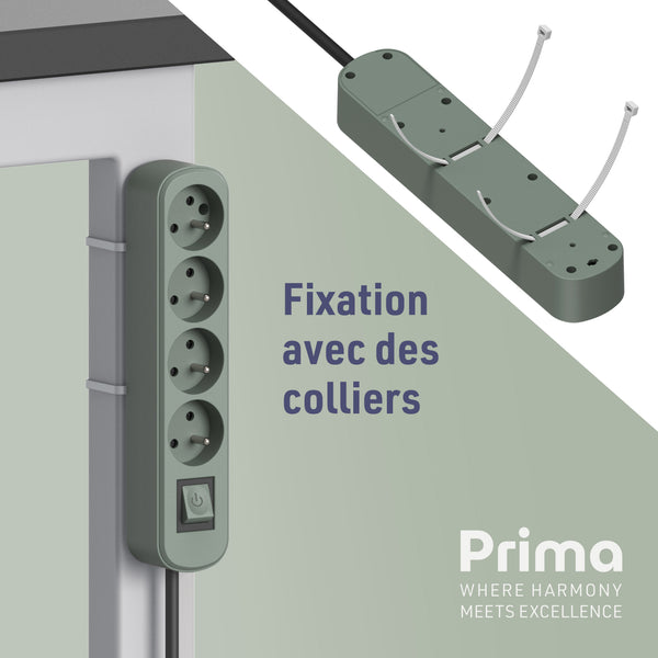 Bloc Multiprise Prima 4 Prises 16A avec Interrupteur, Longueur 1.5 Mètres, Bleu Ardoise/Vert