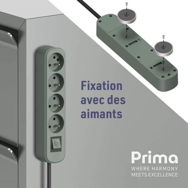 Bloc Multiprise Prima 4 Prises 16A avec Interrupteur, Longueur 1.5 Mètres, Bleu Ardoise/Vert
