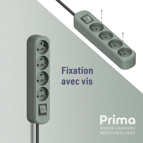 Bloc Multiprise Prima 4 Prises 16A avec Interrupteur, Longueur 1.5 Mètres, Bleu Ardoise/Vert