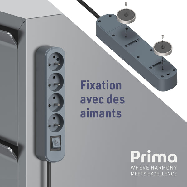 Bloc Multiprise Prima 4 Prises 16A avec Interrupteur, Longueur 1.5 Mètres, Bleu Ardoise/Vert