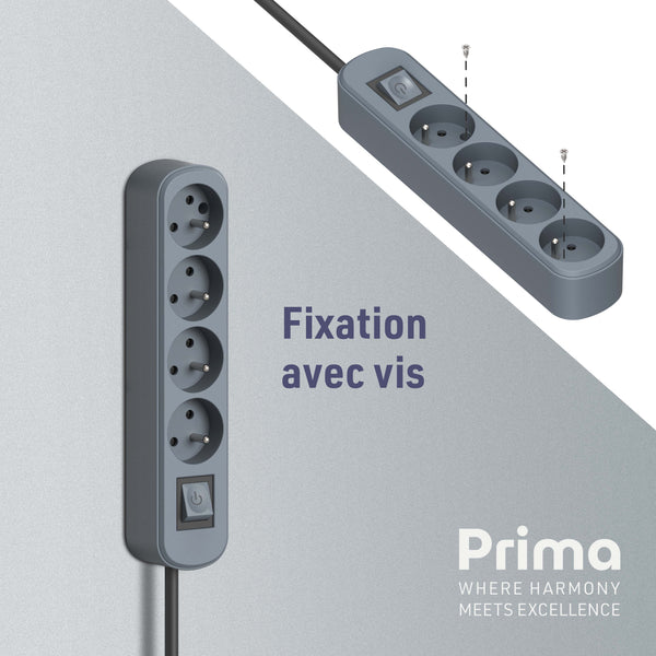Bloc Multiprise Prima 4 Prises 16A avec Interrupteur, Longueur 1.5 Mètres, Bleu Ardoise/Vert