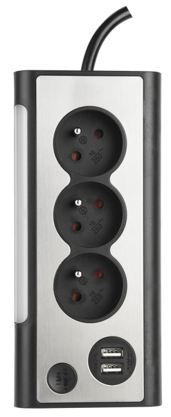 Bloc multiprises d’Angle, 3 Prises, 2 Ports USB: 1 USB A+ 1 USB C, Interrupteur On/Off pour éteindre/allumer la LED, Câble 1,5m, Gris/Noir