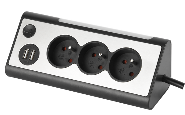 Bloc multiprises d’Angle, 3 Prises, 2 Ports USB: 1 USB A+ 1 USB C, Interrupteur On/Off pour éteindre/allumer la LED, Câble 1,5m, Gris/Noir