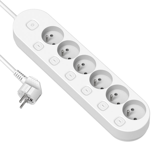 Bloc Multiprise avec 6 Prises Françaises, 6 interrupteurs indépendants, câble de 1.5M, Blanc