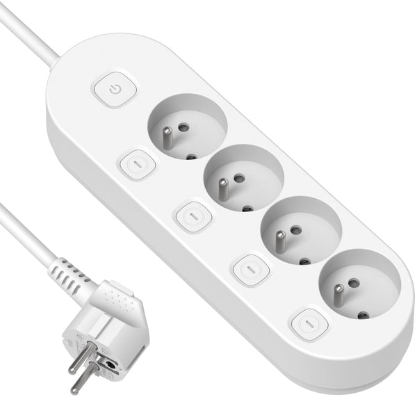 Bloc Multiprise avec 4 Prises Françaises, 4 interrupteurs indépendants, câble de 1.5M, Blanc/Noir