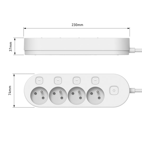 Bloc Multiprise avec 4 Prises Françaises, 4 interrupteurs indépendants, câble de 1.5M, Blanc/Noir