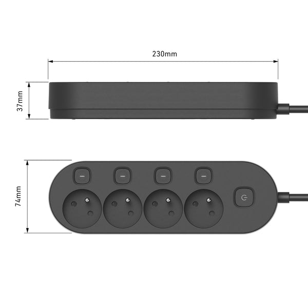 Bloc Multiprise avec 4 Prises Françaises, 4 interrupteurs indépendants, câble de 1.5M, Blanc/Noir