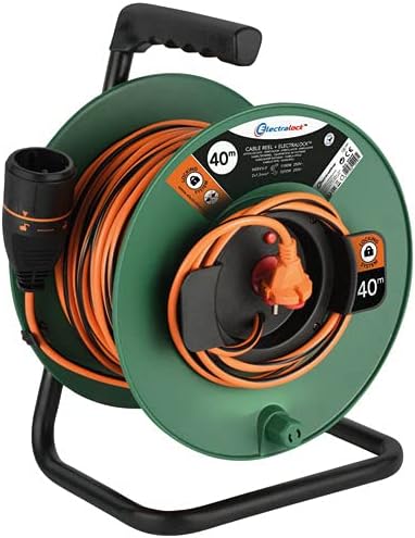 Rallonge Prolongateur Jardin avec Enrouleur 20m/40m, 2x1.5 mm avec prise européenne Electralock équipée d'un système de verrouillage, Noir / Orange