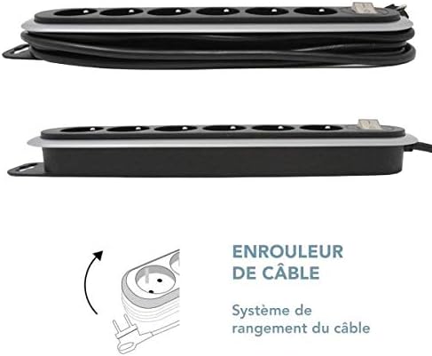 Bloc multiprises avec 6 Prises, enrouleur de câble, interrupteur marche/arrêt et fiche plate. Rallonge Multiprise 3m, Noir