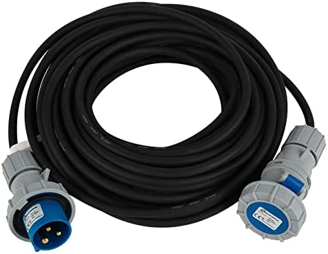 Industrial Rallonge en Caoutchouc 10m/20m Prise Industrielle IEC fiche à 3 Broches adaptée, Camping, Caravane, Bateau, Chantier, IP67, Câble H07RN Section 3G1,5 mm², Noir