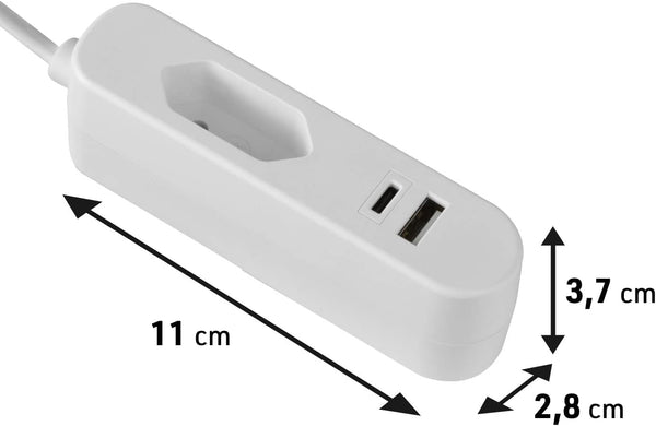 Extension électrique Adaptateur de Voyage européen (Type Europlug C) / Chargeur de Charge Rapide Portable avec 2 Ports USB 2.4A (1 USB type A + 1 USB type C), 1.5M de câble, Blanc