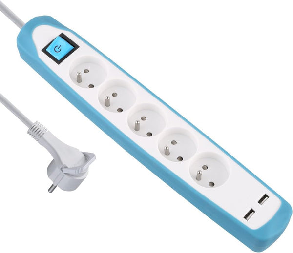Bloc Multiprise 5 prises et 2 USB, Couverture en silicone protection contre chocs, Câble 2M, Fiche plat, Couleurs Blanc et Gris, Blanc et Bleu, Noir et Gris, Noir et Blue