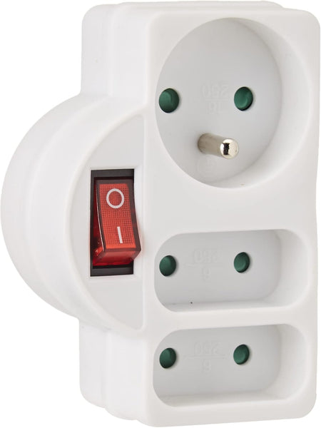 Adapteur Fiche Multiprise Triplite avec Interrupteur, 3 Prise (1x16A, 2x6A), Blanc