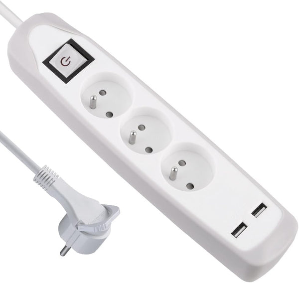 Bloc Multiprise 3 prises et 2 USB, Couverture en silicone protection contre impacts, Câble 2M, Fiche plat, Couleurs Blanc et Gris, Blanc et Vert, Noir et Gris