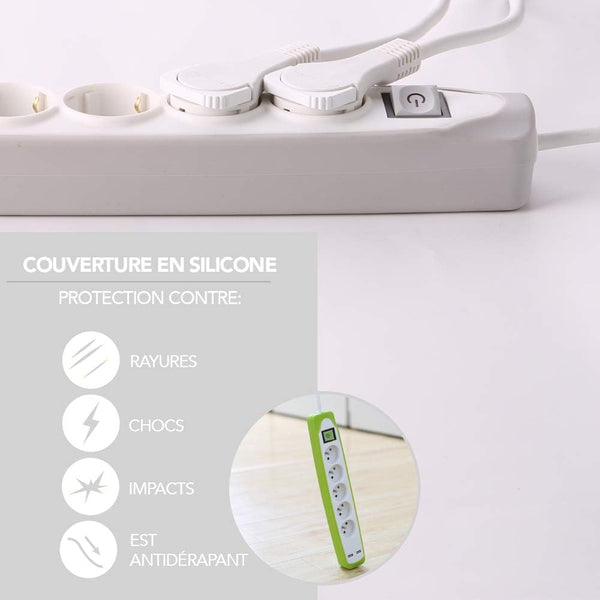 Bloc Multiprise 3 prises et 2 USB, Couverture en silicone protection contre impacts, Câble 2M, Fiche plat, Couleurs Blanc et Gris, Blanc et Vert, Noir et Gris