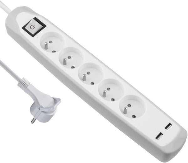 Bloc Multiprise 5 prises et 2 USB, Couverture en silicone protection contre chocs, Câble 2M, Fiche plat, Couleurs Blanc et Gris, Blanc et Bleu, Noir et Gris, Noir et Blue