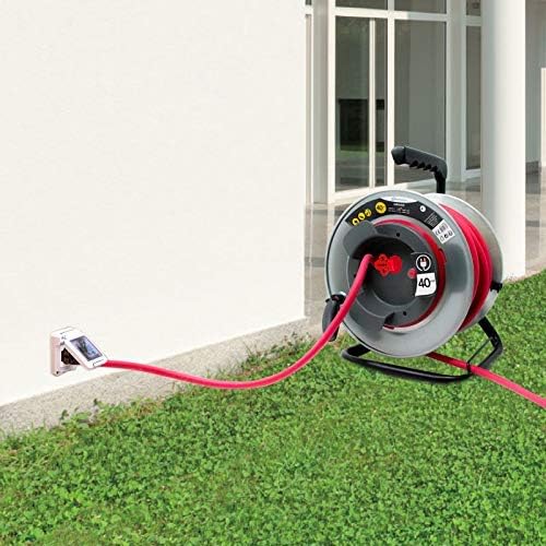Enrouleur Jardin Professionnel avec Prolongateur en métal avec Platine Fixe, 40m, H05VV-F 3G1.5m㎡, avec Guide pour Le câble, Rouge