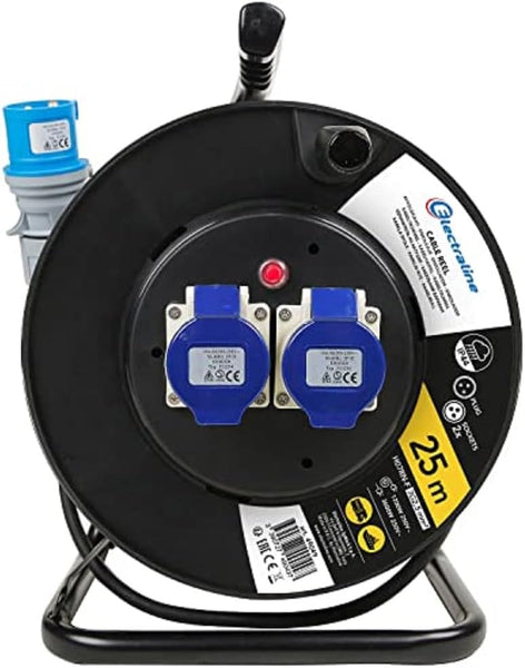 Rallonge Electrique en Caoutchouc avec Enrouleur de Câble de 25m Car, Camping, Caravane, avec Fiche CEE tripolaire et 2 Prises Industrielle IEC-IP44, Noir