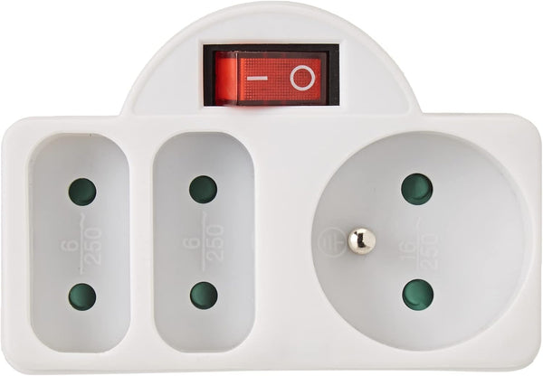 Adapteur Fiche Multiprise Triplite avec Interrupteur, 3 Prise (1x16A, 2x6A), Blanc