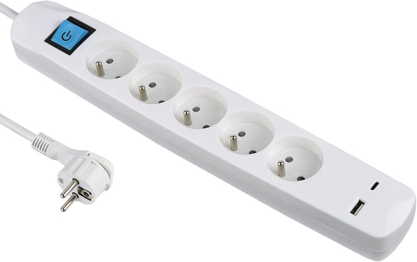 Bloc Multiprise 5 Prises Françaises + 2 USB (3.4A 17W A+1 Type C), Avec interrupteur On/Off, Fiche Extra Plate 90° 16A, Câble 1.5M, Blanc/Noir