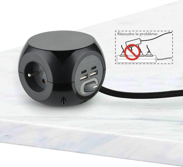 Mini Cube avec 4 Ports USB 3.4A (2 type A + 2 type C), Bloc 3 Prises avec Interrupteur, Rallonge Multiprise 3M