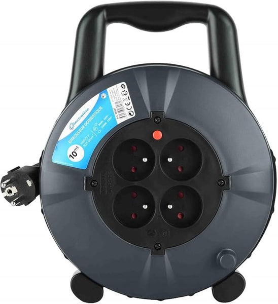 Enrouleur Rallonge Ménager Domestique Section de Câble3G1mm², 5M/10M/15M, 4 Prises 16A, Noir