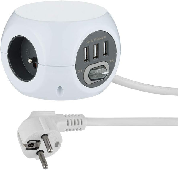 Mini Cube avec 3 Ports USB 2.4A, Bloc 3 Prises avec Interrupteur, Rallonge Multiprise 3M, Blanc