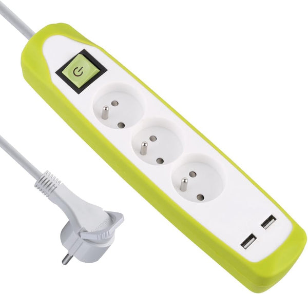 Bloc Multiprise 3 prises et 2 USB, Couverture en silicone protection contre impacts, Câble 2M, Fiche plat, Couleurs Blanc et Gris, Blanc et Vert, Noir et Gris