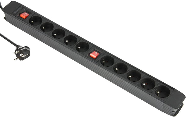 Bloc Multiprises 10 Prises + 2 Interrupteurs, Enrouleur de câble, Protection contre se surcharge, Longueur 1,5 M Section 3G1 mm², Noir