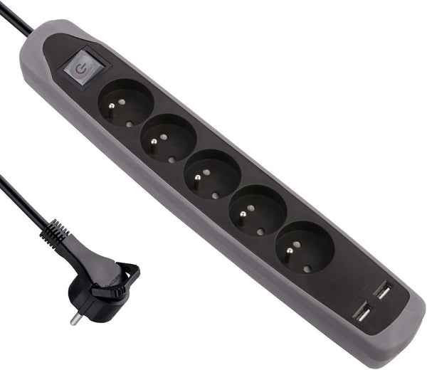 Bloc Multiprise 5 prises et 2 USB, Couverture en silicone protection contre chocs, Câble 2M, Fiche plat, Couleurs Blanc et Gris, Blanc et Bleu, Noir et Gris, Noir et Blue