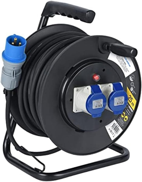 Rallonge Electrique en Caoutchouc avec Enrouleur de Câble de 25m Car, Camping, Caravane, avec Fiche CEE tripolaire et 2 Prises Industrielle IEC-IP44, Noir