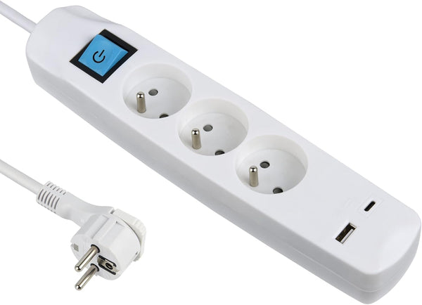 Bloc Multiprise 3 Prises Françaises + 2 USB 3.4A 17W (1 Type A + 1 Type C), Avec interrupteur ON/OFF, Fiche Extra Plate 90° 16A, Câble 1.5M, Blanc/ Noir