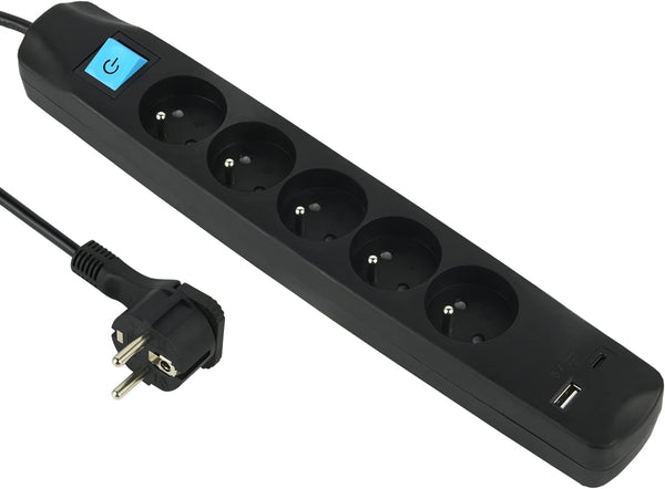 Bloc Multiprise 5 Prises Françaises + 2 USB (3.4A 17W A+1 Type C), Avec interrupteur On/Off, Fiche Extra Plate 90° 16A, Câble 1.5M, Blanc/Noir