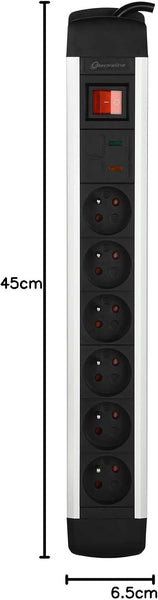 Alu-Line Bloc Multiprise 6 Prises avec corps en aluminium et protection contre les surtensions, 2m, Noir