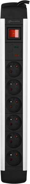Alu-Line Bloc Multiprise 6 Prises avec corps en aluminium et protection contre les surtensions, 2m, Noir