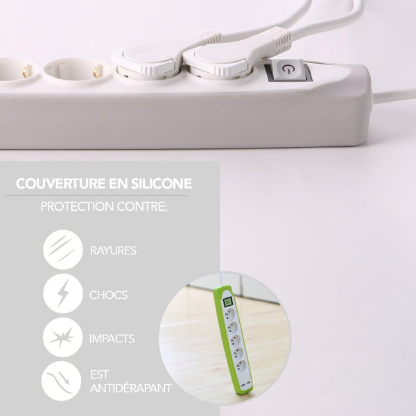 Bloc Multiprise 5 prises et 2 USB, Couverture en silicone protection contre chocs, Câble 2M, Fiche plat, Couleurs Blanc et Gris, Blanc et Bleu, Noir et Gris, Noir et Blue