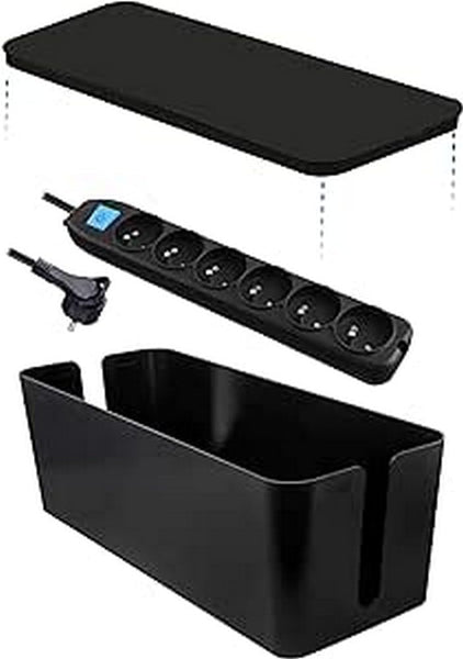 Boîte de Rangement pour Câbles avec Bloc Multiprise 6 Prises 16A, 1,5m, Noir/Blanc