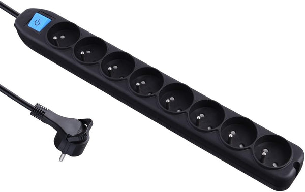 Bloc Multiprise 8 Prises avec interrupteur - câble 1,5m - fiche plate Blanc/Noir