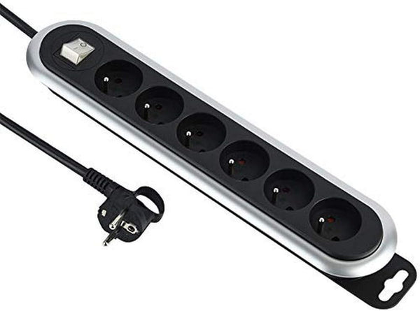 Bloc multiprises avec 6 Prises, enrouleur de câble, interrupteur marche/arrêt et fiche plate. Rallonge Multiprise 3m, Noir