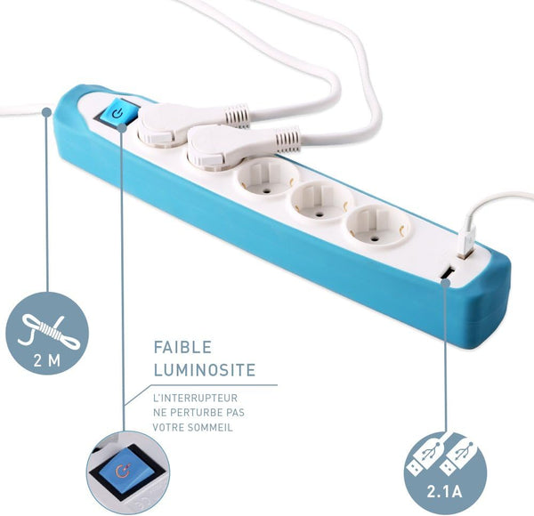 Bloc Multiprise 5 prises et 2 USB, Couverture en silicone protection contre chocs, Câble 2M, Fiche plat, Couleurs Blanc et Gris, Blanc et Bleu, Noir et Gris, Noir et Blue