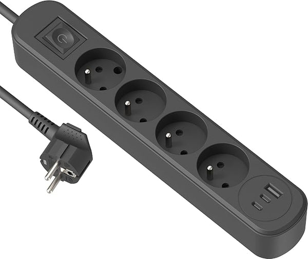 Electraline 35621 Bloc Multiprise Prima 4 Prises 16A + 3 USB (1 USB A + 2 USB C PD20W) avec Interrupteur, Câble 1.5M, Blanc/Noir