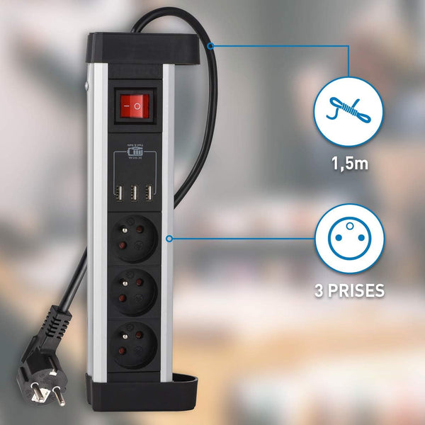 Bloc Multiprise de Bureau Encastrable 3 Prises+ 3USB 3.4A, Longueur 1, 5 M, Section 3G1 mm², Noir